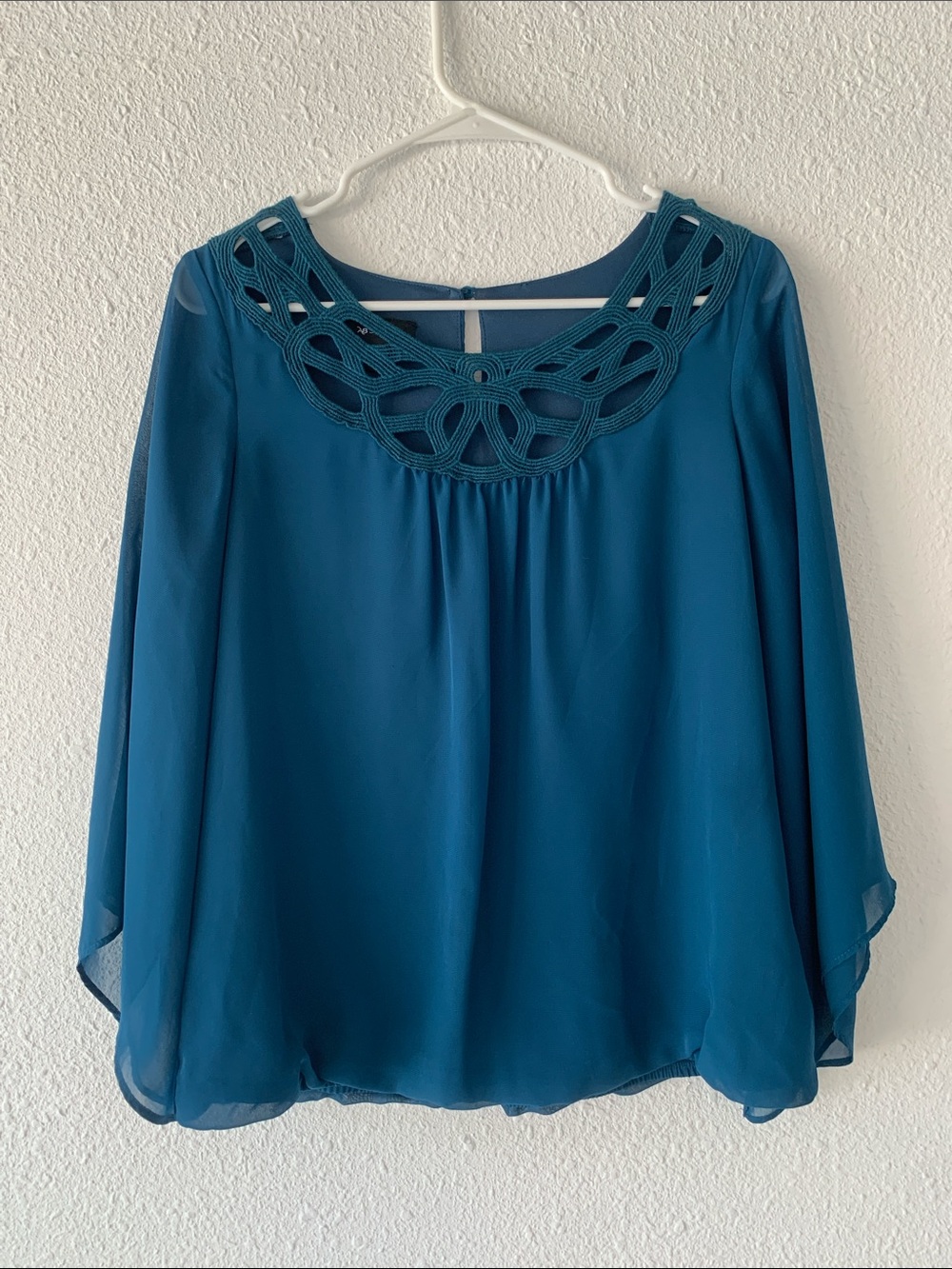 AB Studio Teal Crochet Chiffon Top